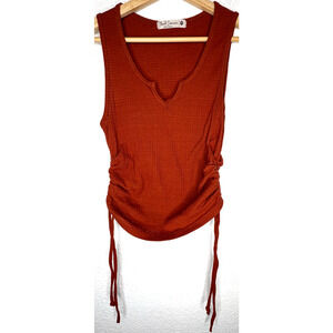 Vintage Y2K Tank Top Womens Medium Brick Red Ruched Asymmetric Rib Knit Side Tie